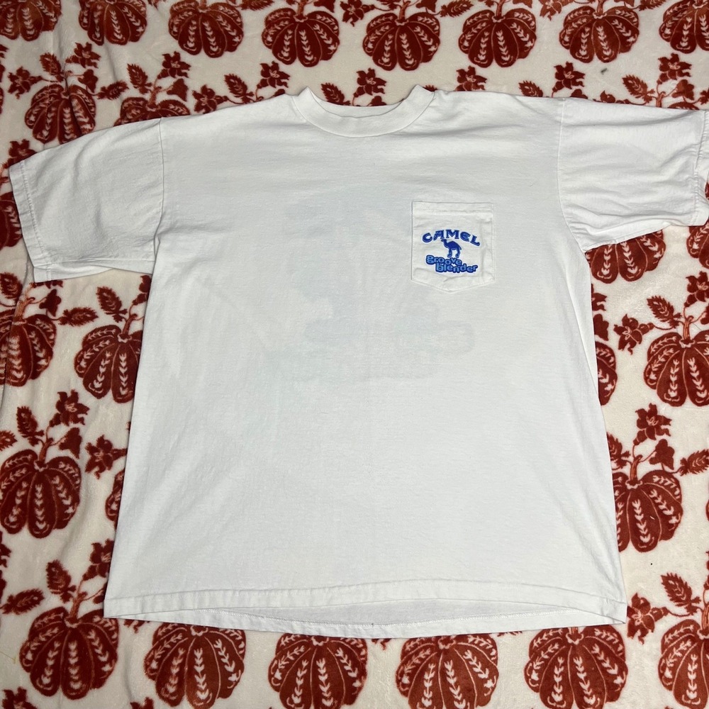 Camel White Short Sleeve Pocket Tee with Blue Logo